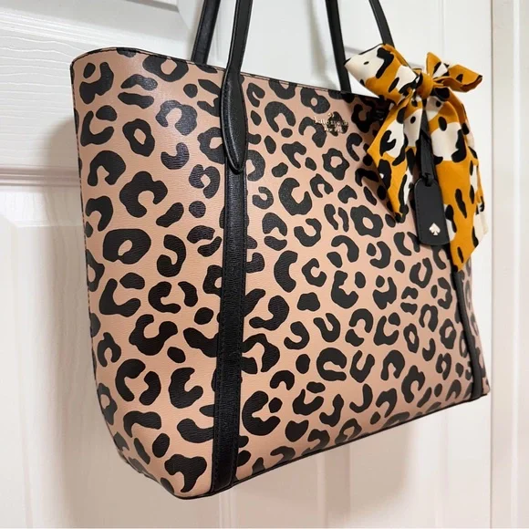 Kate Spade Coated Canvas Leopard Print Black Leather Trim Large Tote NWT - Picture 3 of 13